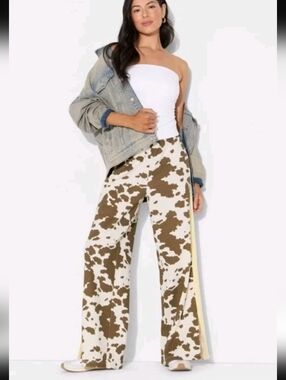 Grayson Threads Brown & White Cow-Print Wide Leg Pants